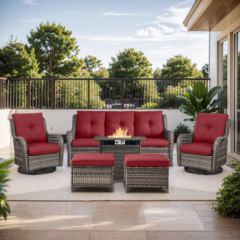 Pocassy Fire Pit Table with Sofa Swivel Chairs Set - Grey Wicker Red Cushion - 6 Pieces Sofa Chair Ottoman with Fire Table