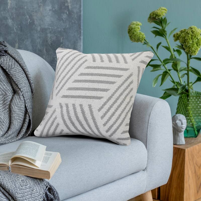 Handwoven Geometric Striped Square Throw Pillow - 20" - White and Gray