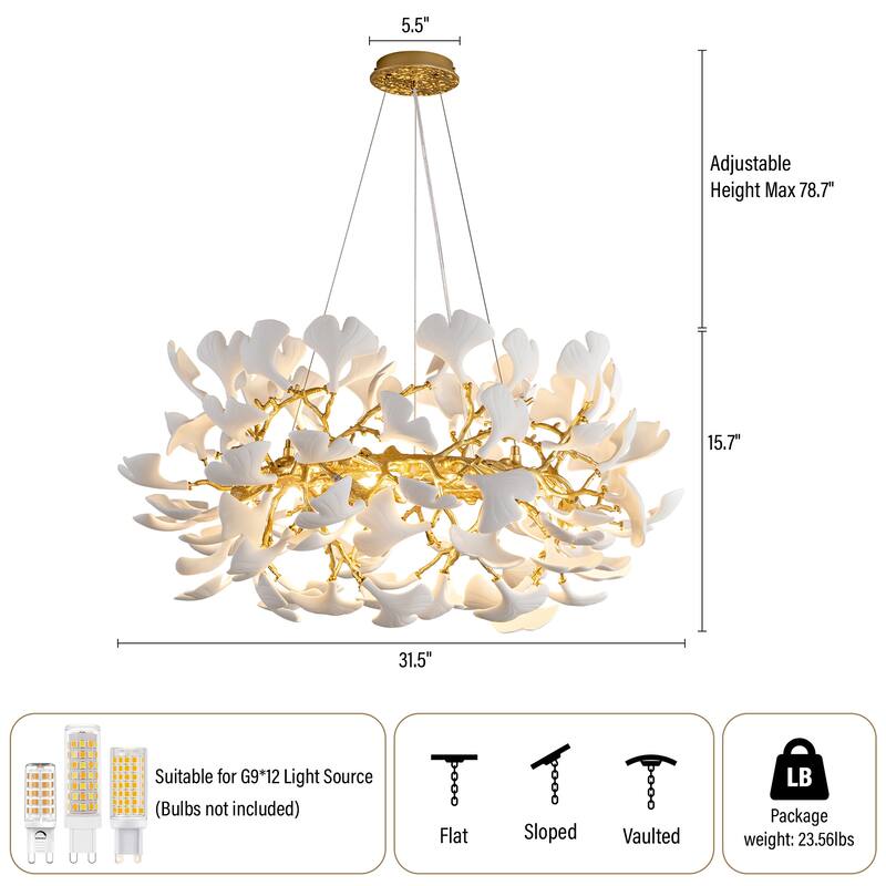 Modern Ginkgo Leaf Ceramic Chandelier, Moon Ring Round Pendant Light, D550-D1200, Gold Finish