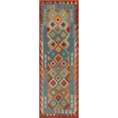 Geometric Tribal Kilim Runner Rug Flat-weave Oriental Wool Carpet - 2'9" x 9'3"