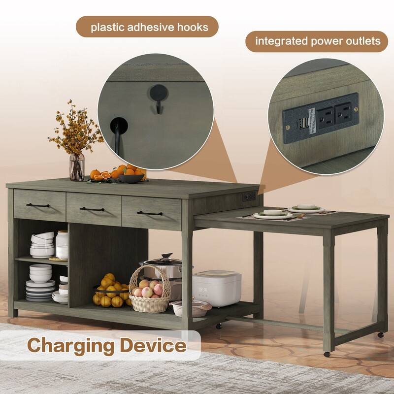 Extendable Kitchen Island with Storage, Multi-Functional Kitchen Cart with Built-In Power Outlets, Retro Kitchen Island