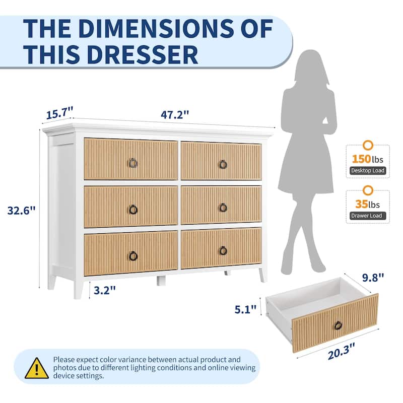 Fluted 6 Drawer Dresser for Bedroom, 47" Wide Modern Wooden Chest with Wavy Panel & Metal Handles