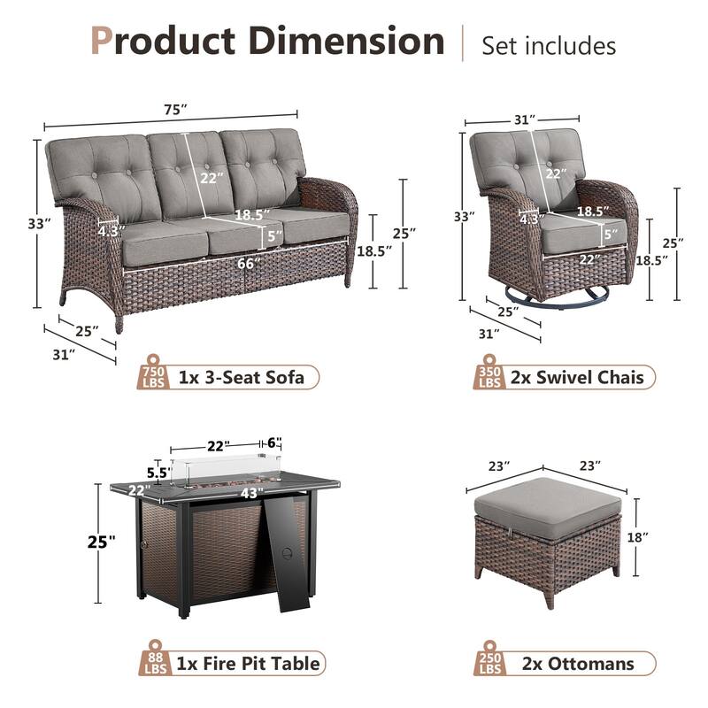 Pocassy Outdoor 43 In Fire Table with Sofa Swivel Chair Set