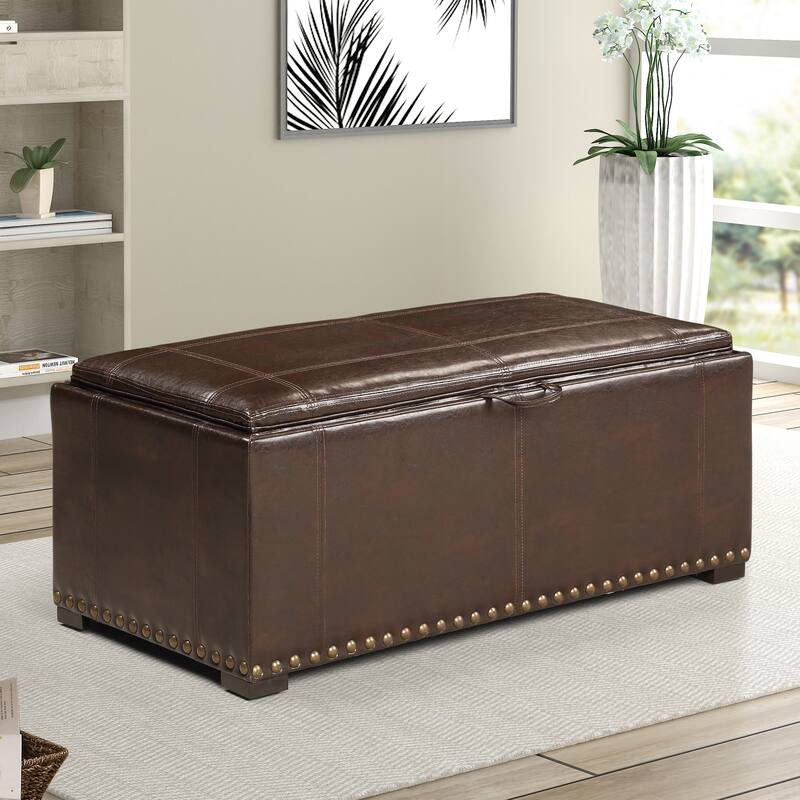 Leather Nailhead Storage Ottoman Bench Cube Set