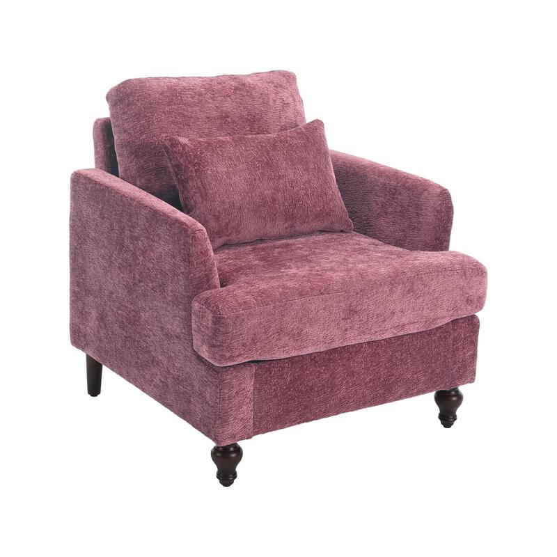 Chenille Fabric Accent Chair, Tufted Upholstered Living Room Chair, Lounge Armchair with Solid Wood Frame & Pillows