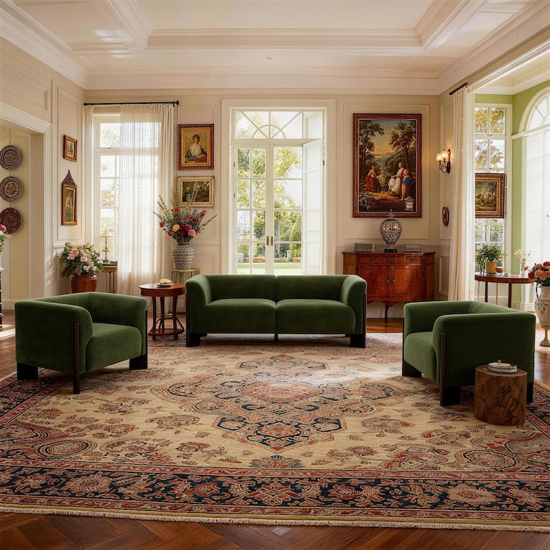 3-Piece Chenille Living Room Set with Loveseat and Accent Chairs - Green/Chenille