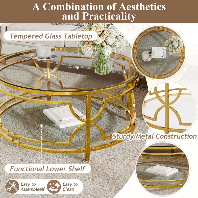 Glass Coffee Table Round Living Room Table, Luxurious Storage Table with Lower Shelf, 30.7" Center Table with Tempered Glass Top