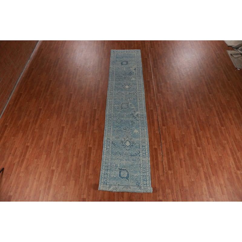Hand Knotted Oriental 100% Wool Carpet Transitional Floral Navy Blue & Blues Oushak Runner Rug - 17' 4'' X 3' 1''