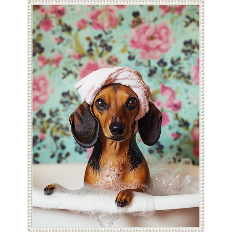 Bath Time Dachshund by Mowzu Framed Canvas Wall Art