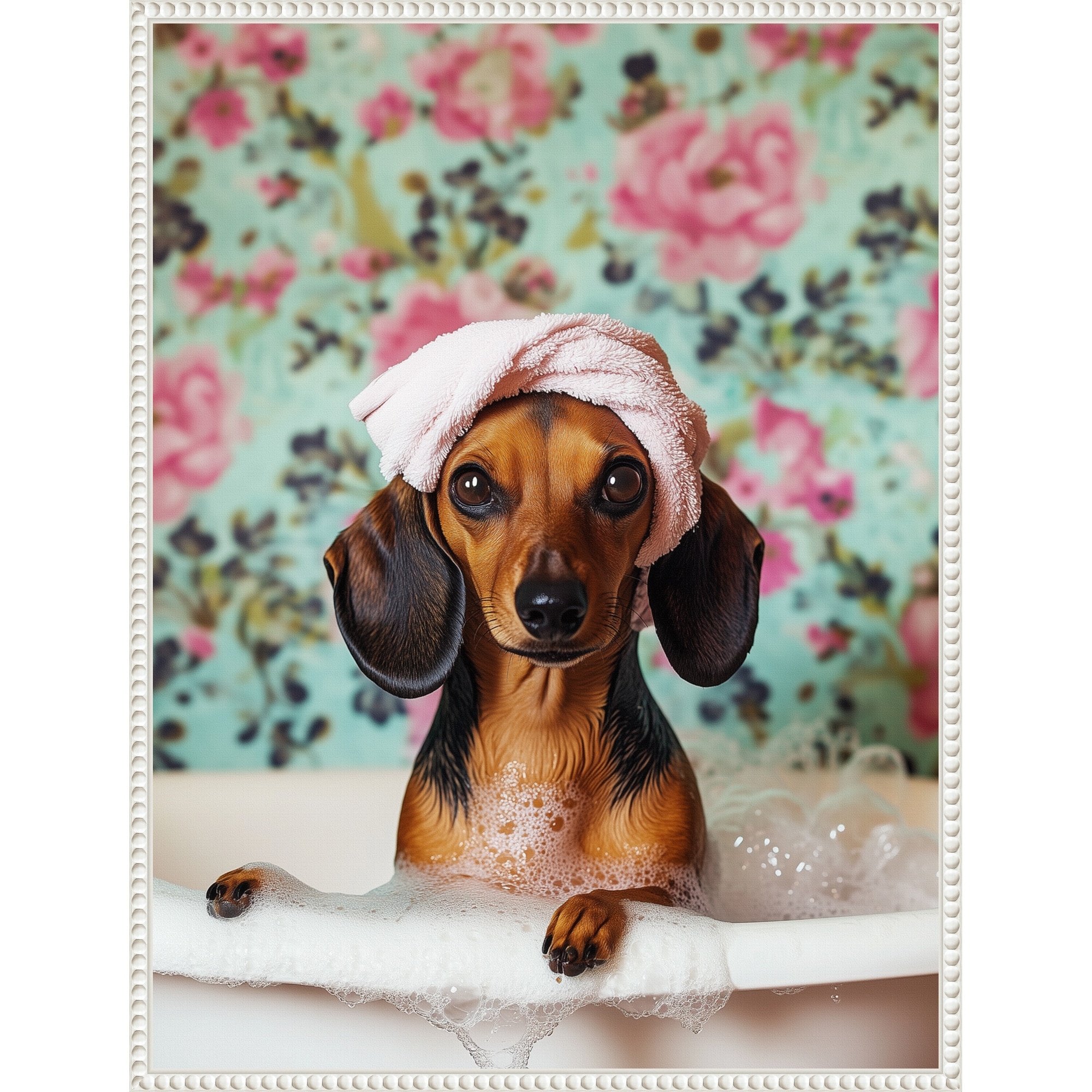 Bath Time Dachshund by Mowzu Framed Canvas Wall Art