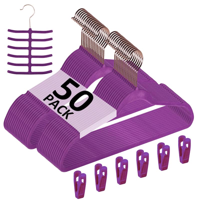 Javlergo 50/100 Pack Velvet Hangers, Heavy Duty Non Slip & Space-Saving Cloth Hangers with 6 Finger Clips & Tie Rack