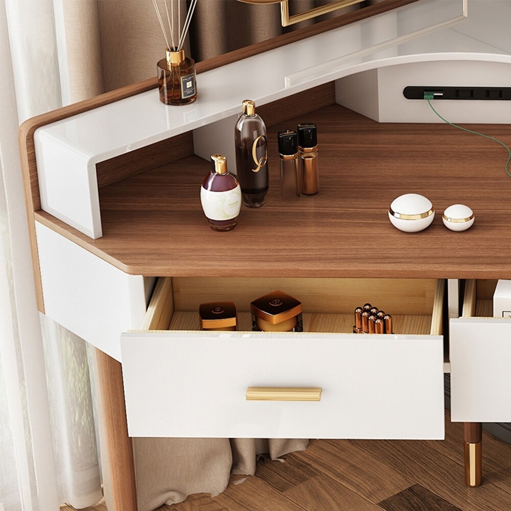 Modern Corner Makeup Vanity Table with LED Lighted Mirror, Vanity