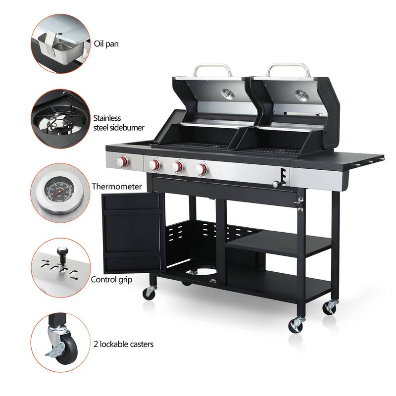 3-Burner Propane Gas BBQ Grill with Side Burner & Enameled Cast Iron Cooking Grids,Stainless Steel Barbecue Grills
