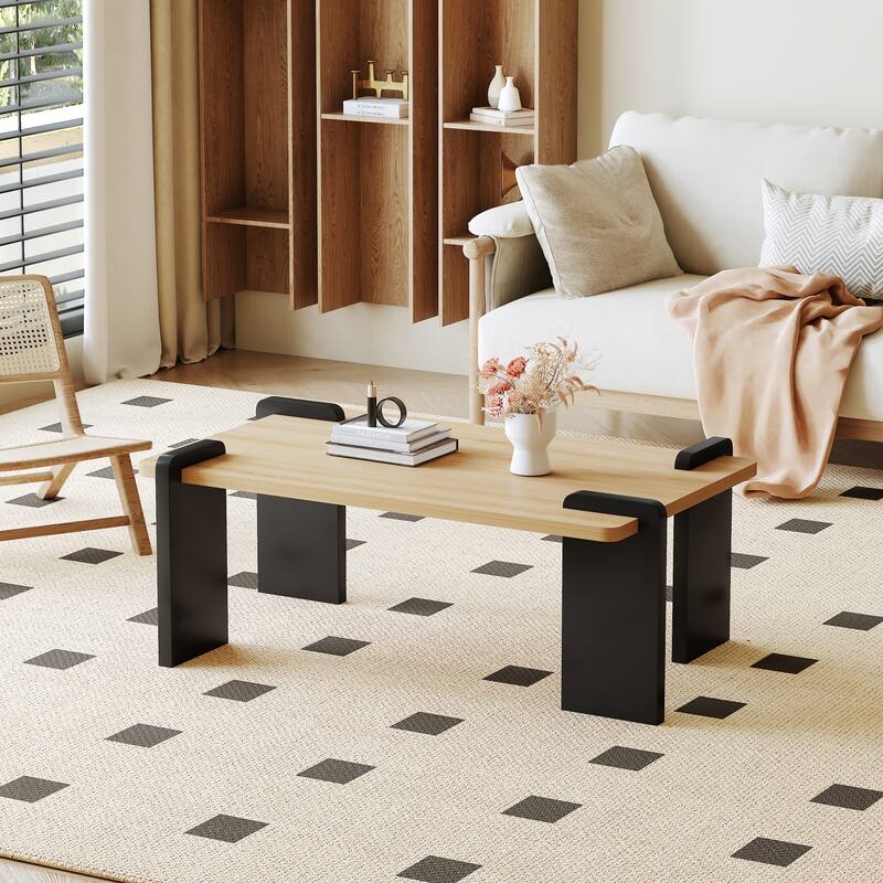 Unique Tenon Mortise Structure Coffee Table, Rectangular Center Table with Black Legs for Living Room Home Office Decor