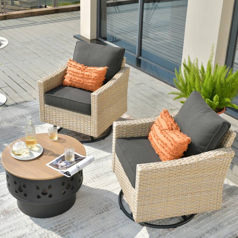 HOOOWOOO Outdoor 3-piece Rattan Wicker Swivel Rocking Chair Set with Wood Burning Fire Pit - Black