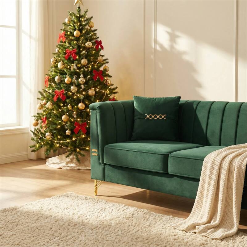 Chesterfield Velvet Button Tufted Sofa, Luxury 3-Seater Couch with 2 Pillows