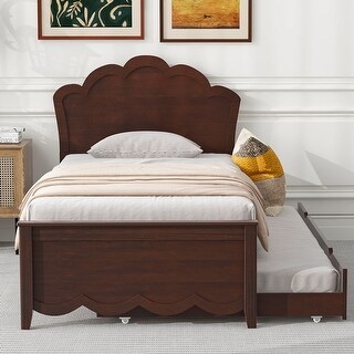 Twin Size Platform Bed with Twin Trundle and Headboard, Cappuccino