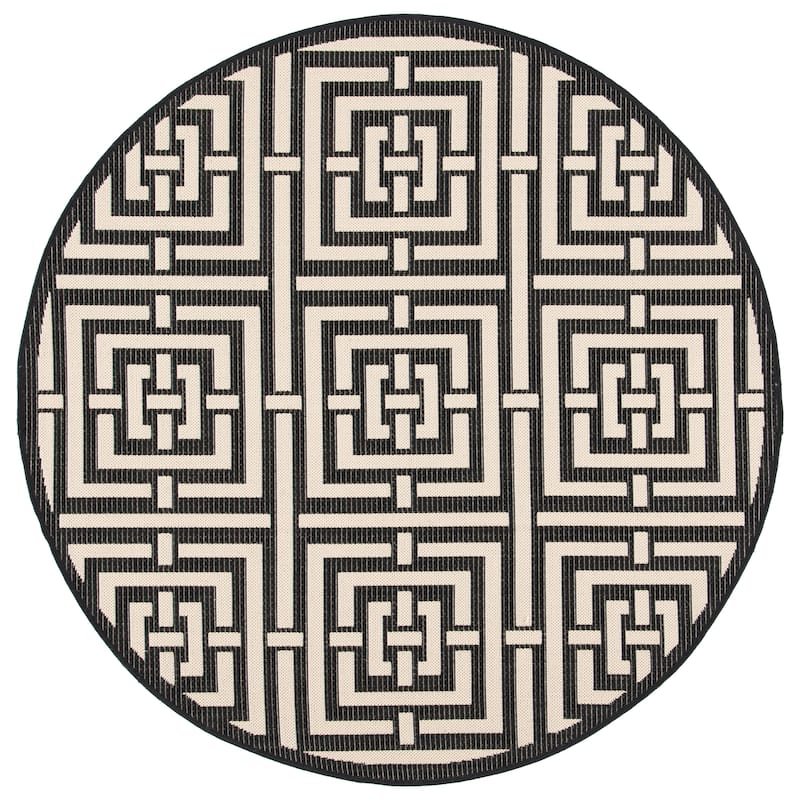 SAFAVIEH Courtyard Ginger Indoor/ Outdoor Waterproof Patio Backyard Rug - 5'3" Round - Black/Bone