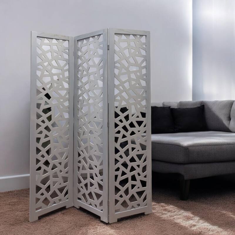 HomeRoots 50" Gray Solid Wood Folding Three Panel Screen Room Divider - 67' X '50' X '1.5 - 67' X '50' X '1.5