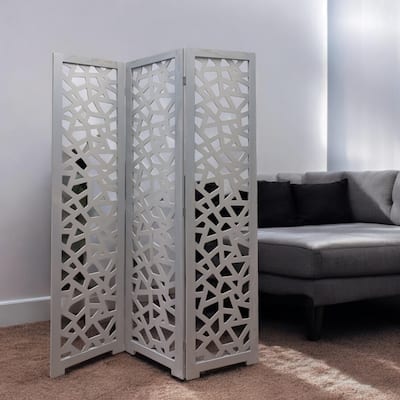 HomeRoots 50" Gray Solid Wood Folding Three Panel Screen Room Divider - 67' X '50' X '1.5