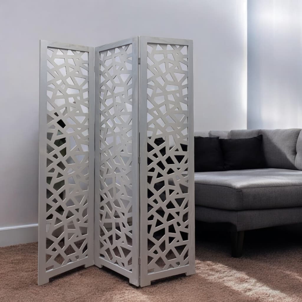 HomeRoots 50" Gray Solid Wood Folding Three Panel Screen Room Divider - 67' X '50' X '1.5