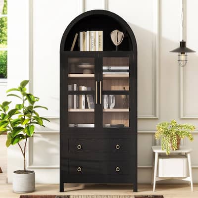 Farmhouse 71" Tall Arched Kitchen Pantry Cabinet with 2 Large Drawers, Modern Kitchen Storage Cabinets with Adjustable Shelves