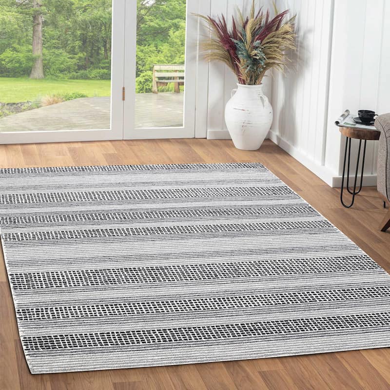 George Towne Living Stylish Lines Luxury Handmade Abstract Wool Area Rug - 8'x10' - Charcoal/Cream