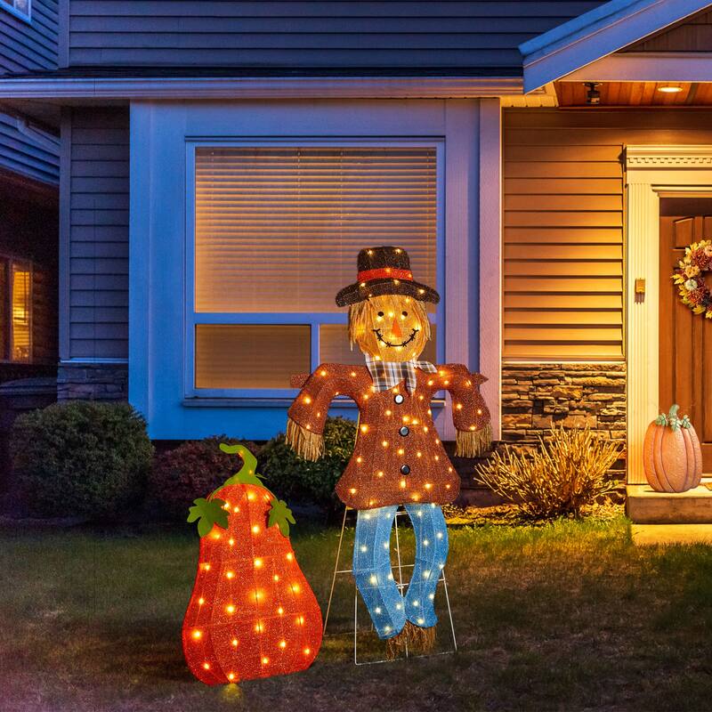 Glitzhome 4ft Set of 2 Lighted Fall Scarecrow & Pumpkin Outdoor Decor