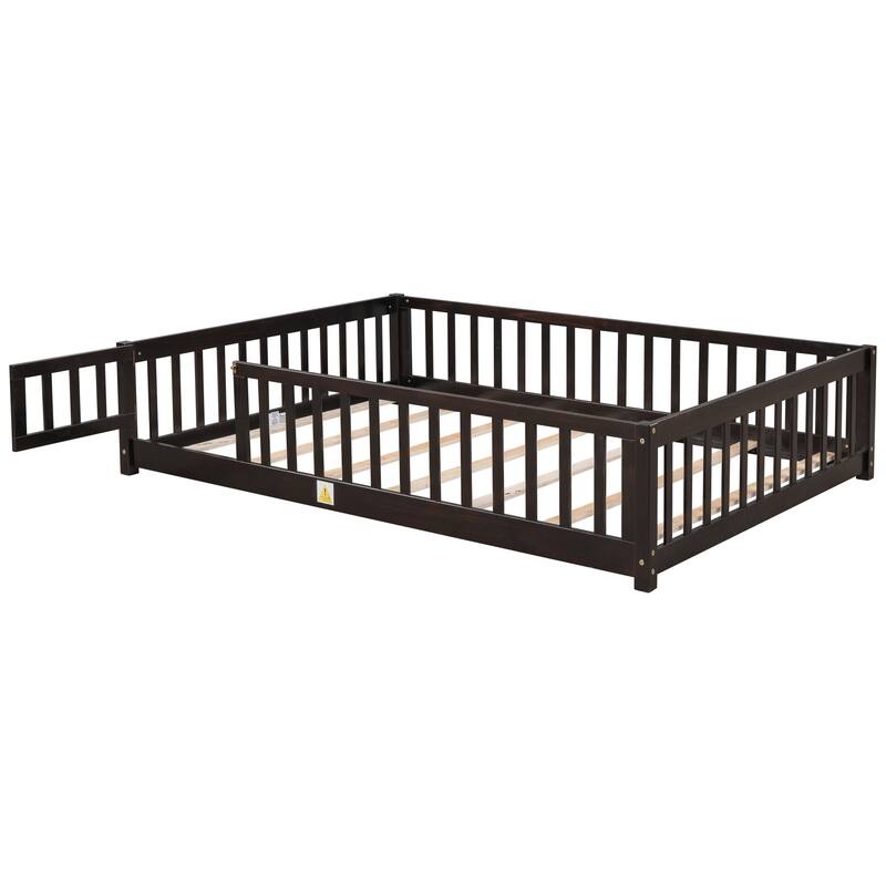 Floor Platform Bed with Fence Guardrails and Door