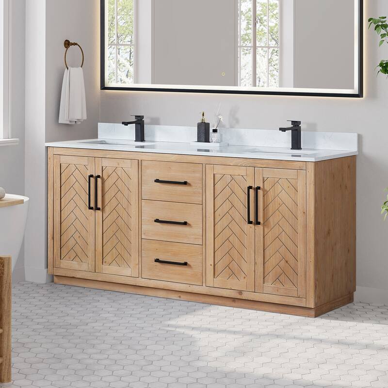Anais 3Single Bathroom Vanity in Light Brown with Grain White Engineered Stone Countertop without Mirror
