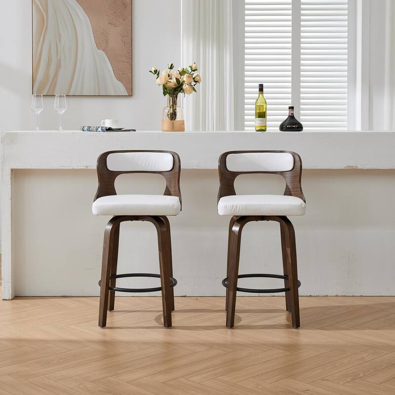 SEYNAR PU Leather 360 Degree Swivel Open Back Bar Stools Wood Legs Set of 2