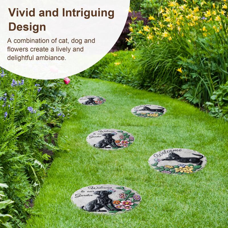 Glitzhome 4-Piece Cement Cat and Dog Textured Stepping Stones Garden Decor - 10 in