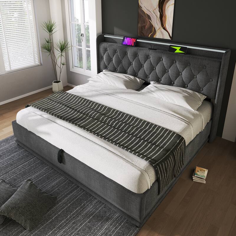 King Size Platform Bed Underbed Storage Bed with Wingback Tufted Headboard, USB and 360 Surround LED Strip, Linen Upholstered