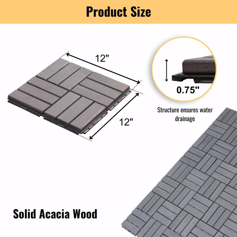 Interlocking Deck Tiles Checker Pattern, 12" x 12" Square Acacia Hardwood Outdoor Flooring