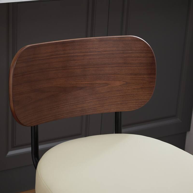 360° Swivel Bar Stools Set of 2 Faux Leather Counter Height Barstools with Walnut Back, Bentwood Legs and Metal Footrest