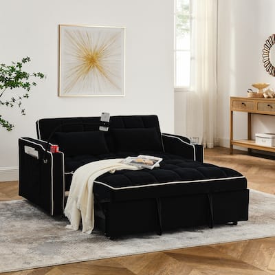 55.51" Velvet 2 Seater Sleeper Sofa with Adjustable Back, USB Port, Ashtray, Swivel Phone Stand, and 2 Pillows