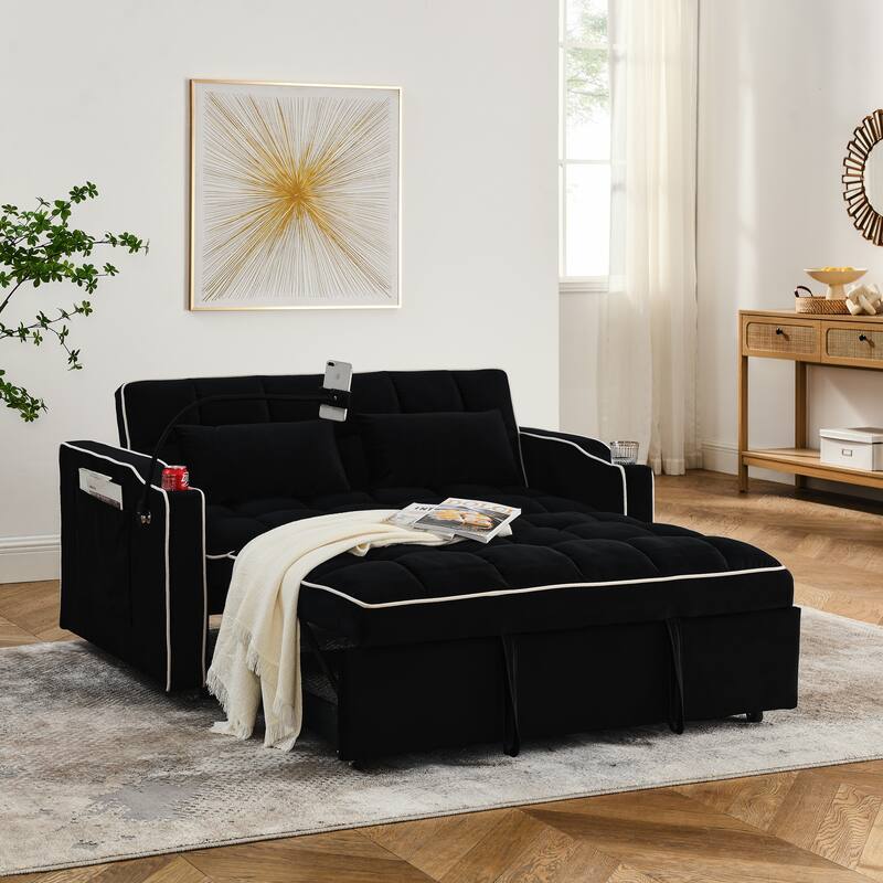 Modern Velvet Foldable Sofa Bed with USB Charging, Swivel Phone Stand & Adjustable Back, Perfect for Apartments - Black