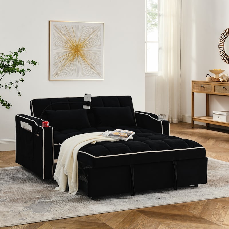 Small Folding Loveseat Sofa Bed with Adjustable Backrest, 55.5" Velvet Pull-Out Couch with USB Charging Port, Phone Holder - Black
