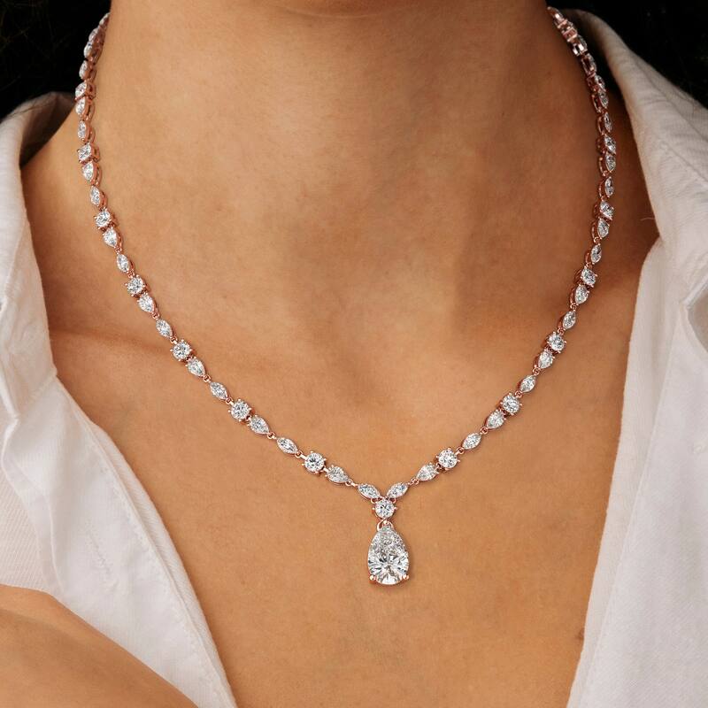 14K Gold Lab Grown Diamond Alternating Diamond Lined Pear Drop Necklace