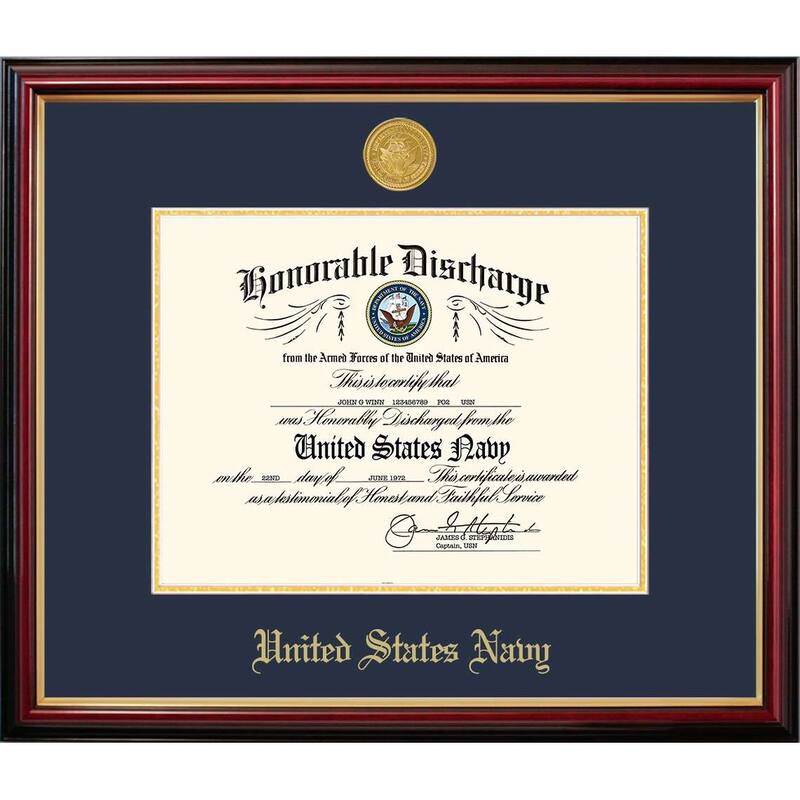 Patriot Frames Navy 8.5x11 Discharge Petite Frame with Gold Medallion