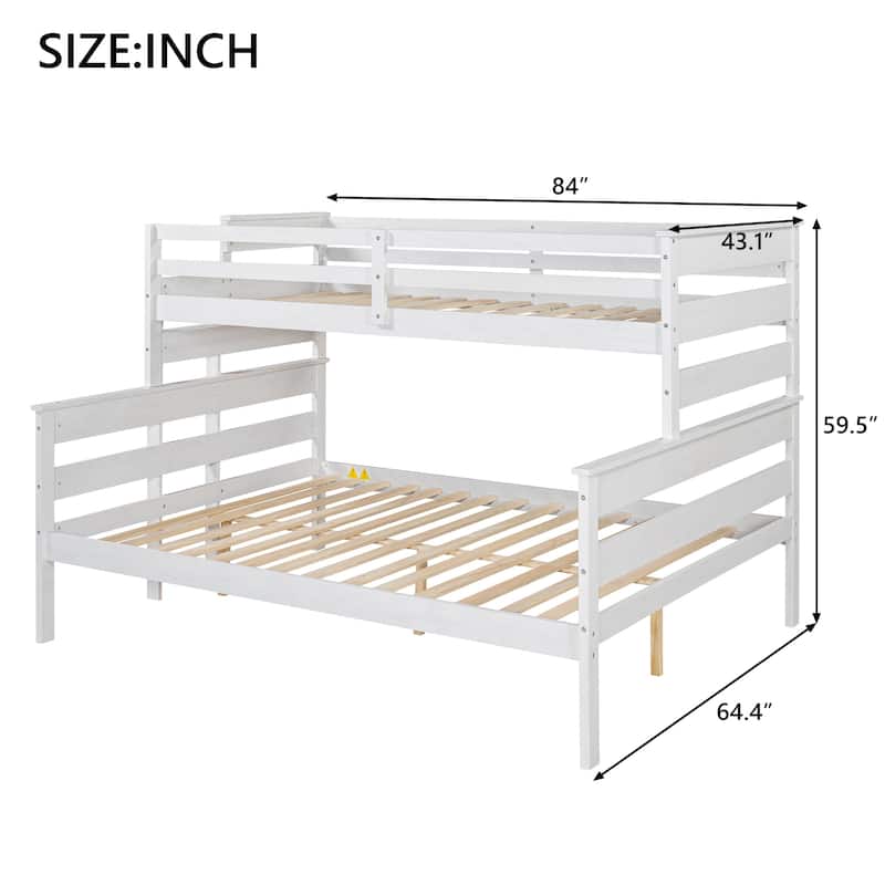 Wood Twin XL over Queen Bunk Bed with Ladder, Solid Pine Detachable Bunk Frame with Guardrails and Slat Support