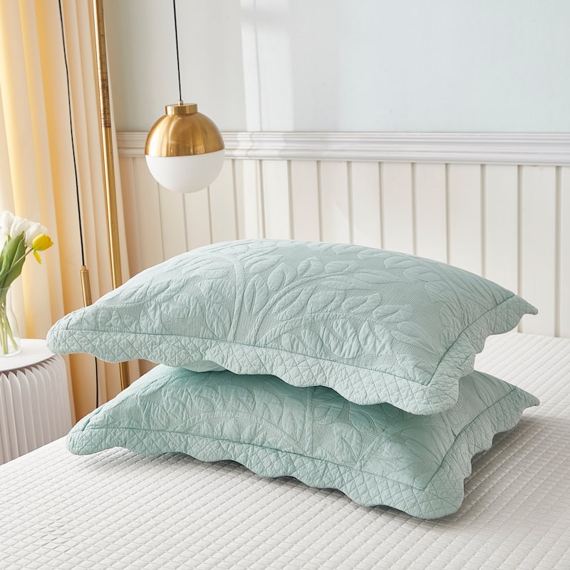 MarCielo 2-Piece 100% Cotton Embroidered Quilted Pillow Shams - Aruba Blue - Standard