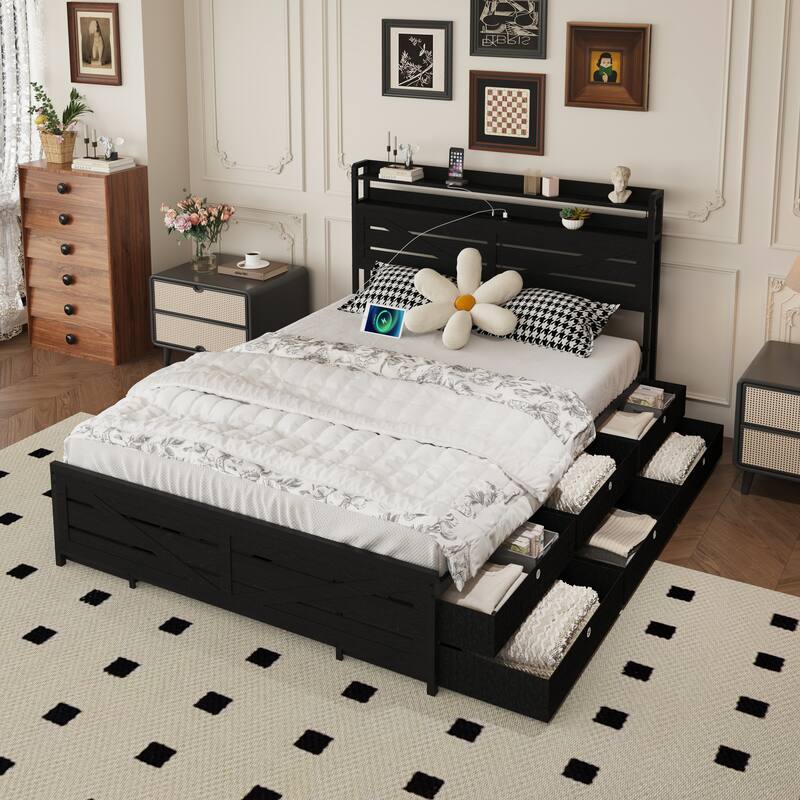 Farmhouse Platform Bed Frame with Charging Station, Noise-free Metal Bed Frame with 12 Storage Drawers & LED Headboard