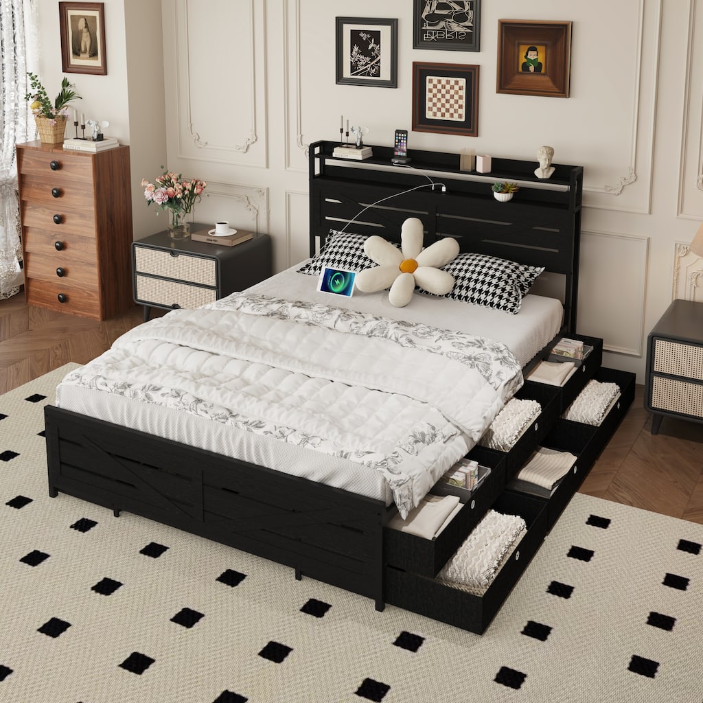 Full-size bed frame with storage headboard and 12 drawers with LED lights