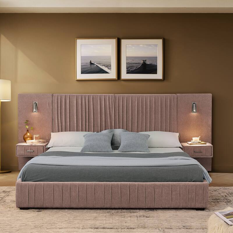 Queen Size Upholstered Platform Bed with Headboard, Chenille Fabric, and Built-in Nightstand, Pink
