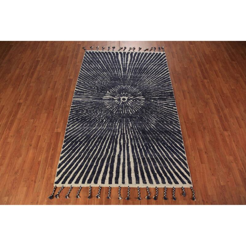 Blue Abstract Moroccan Oriental Area Rug Handmade Wool Carpet - 4'11" x 8'0"