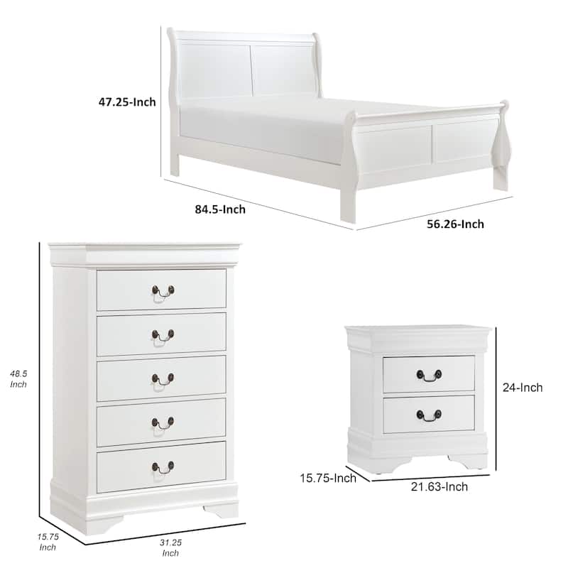Fy Three Piece Full Size Bedroom Set, Modern Brass Metal Handles, Classic White