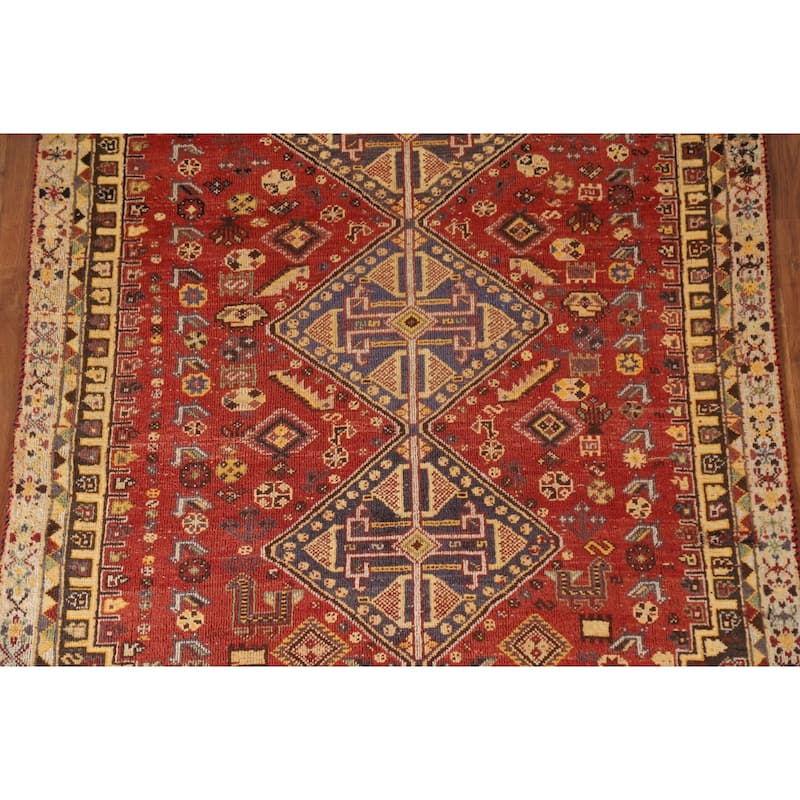 Red Animals Tribal Shiraz Persian Vintage Rug Handmade Wool Carpet - 4'6"x 8'0"