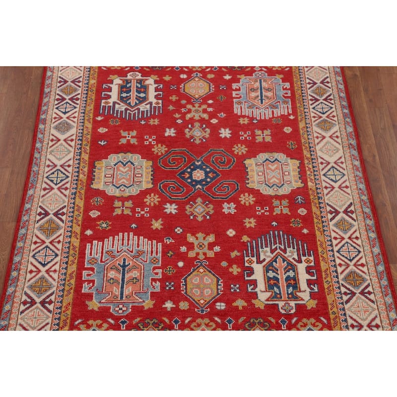 Red Geometric Kazak Oriental Accent Rug Hand-Knotted Wool Carpet - 4'3" x 6'0"