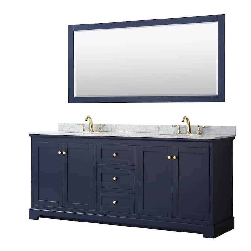 Wyndham Collection Avery 80" Free Standing Double Basin Vanity Set - Dark Blue / White Carrara Marble Top / Brushed - Painted